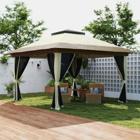 Pérgola Dobrável 356x356x280 cm com 4 Paredes Laterais de Malha Anti-UV Altura Ajustável e Bolsa de Transporte Bege e Castanha