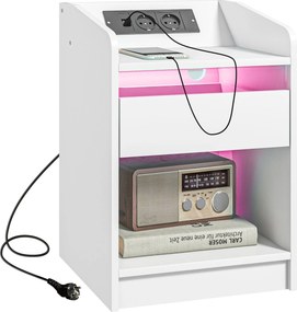 Mesa de Cabeceira com Luzes LED Gaveta Prateleira Estação de Carregamento Entrada USB e Controlo Remoto 40x40x58 cm Branco