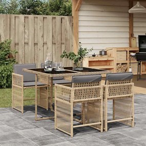 vidaXL 5pcs conj. jantar jardim c/ almofadões vime PE bege misturado