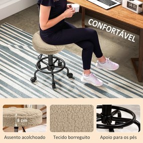 Banco Giratório Cosmetica Redondo Banco com Rodas Altura Regulável 50-66 cm Assento Estofado em Tecido tipo Borreguito Castanho Claro