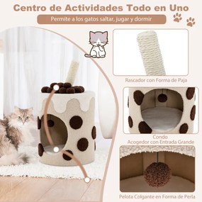 Arranhador para gatos em forma de chá de bolhas Torre para gatos com poste de arranhar em sisal e bola suspensa 67 x 37 x 37 cm castanho e bege