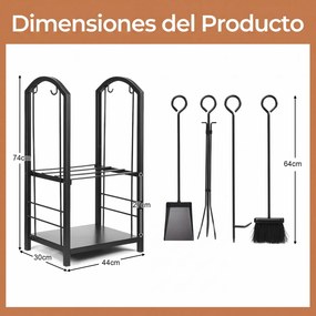 Conjunto de Suporte para Lenha e 4 Utensílios de Lareira, 44 x 30 x 74 cm, 2 Níveis de Armazenamento, Preto