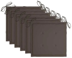 Cadeiras de jardim c/ almofadões cinza-acast. 6 pcs teca maciça