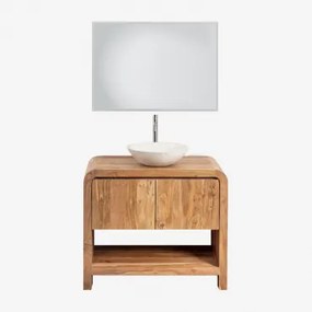 Conjunto De Móvel De Casa De Banho Em Madeira Vacry Castanho Acácia & Cimento Redondo Branco Ø40 Cm Zavion & Led Retangular E Anti-embaciamento 100x70