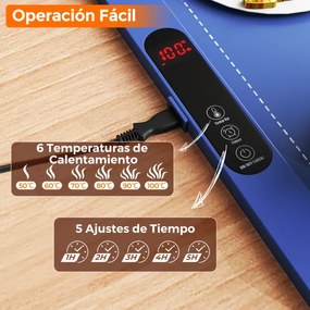 Bandeja elétrica aquecedora 60 x 38 x 2 cm com temperatura ajustável em 6 níveis Bandeja aquecedora de silicone com temporizador de 1 a 5 horas Azul
