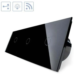 Comutador / interruptor 3 módulos 3 botões tátil + função controlo remoto, Painel frente preto vidro temperado