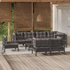 vidaXL 9 pcs conjunto lounge jardim c/ almofadões pinho maciço preto