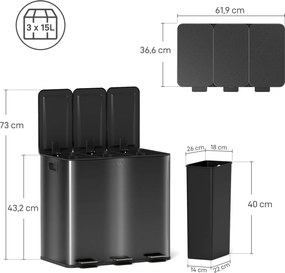 Caixote do lixo de cozinha de 45 L com 3 compartimentos de 15 L, tampa, baldes interiores removíveis, 3 x 15 L, preto
