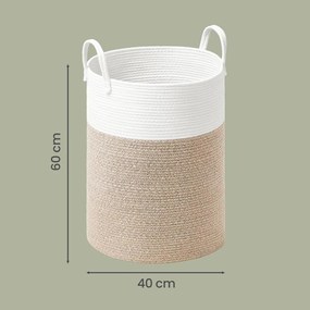 Cesto da roupa suja, cesto de 80 L 40 x 40 x 60 cm, corda de algodão branco-castanho-acinzentado