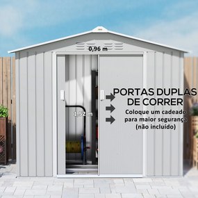 Abrigo de Jardim 2,42 m 213x130x185 cm Abrigo de Jardim Metálico para Armazenamento com 2 Portas Deslizantes e 4 Janelas Cinza Claro