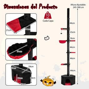 Arranhador para gatos gótico ajustável do chão ao teto de 55 x 29 x 245-300 cm Torre alta de 5 níveis com abrigo, rede e postes para arranhar Preto
