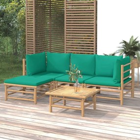 5 pcs conjunto lounge de jardim bambu c/ almofadões verdes