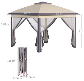 Pérgola Dobrável Exterior 3,3x3,3x2,88m com Altura Ajustável Pérgola de Jardim com Duplo Teto 4 Mosquiteiras Removíveis e Bolsa de Transporte