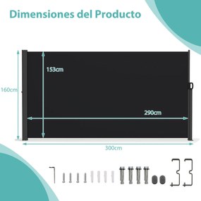 Toldo lateral retrátil para jardim 300 x 160 cm de privacidade para exterior enrolável e dobrável Preto