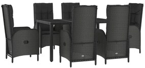 7 pcs conjunto jantar jardim c/ almofadões vime PE preto/cinza