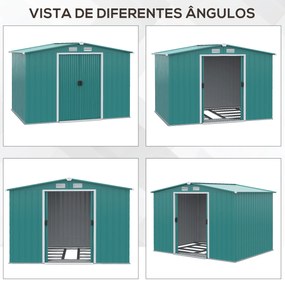Outsunny Abrigo de Jardim 260x206x179cm 4,7m² Abrigo de Aço Galvanizado com Portas de Correr e Ventilações para Armazenamento de Ferramentas Verde