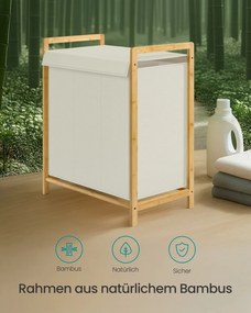 Cesto para roupa suja 150L 65 x 40 x 78 cm com estrutura em bambu e dois compartimentos creme