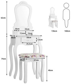 Toucador de maquilhagem com banco, espelho e 3 gavetas Branco