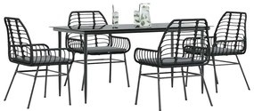 vidaXL Conjunto de jantar jardim 5 peças almofadas vidro vime PE preto