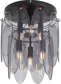 Art Deco plafondlamp zwart met smoke glas ovaal 6-lichts - Mochan
