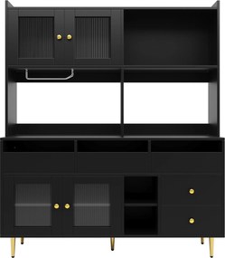 Armário alto para sala de jantar, com portas de vidro perfurado, decoração dourada e amplo espaço de arrumação por níveis, 145x39x171 cm, Preto