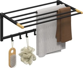 Toalheiro de Parede 60x32,5x20 cm Dobrável com 5 Barras e 6 Ganchos Suporte para Toalhas para Casa de Banho Dobrável e Compacto Preto