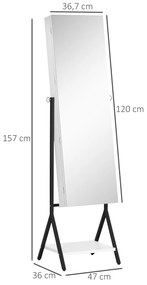 Joalheiro de Pé com Ângulo Ajustável Joalheiro de Corpo Inteiro com Prateleira Inferior Fechadura Magnética Suportes para Joias 47x36x157cm Branco e P