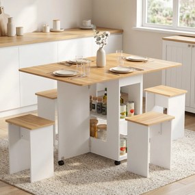 Conjunto de Mesa de Jantar Dobrável com 4 Bancos Ocultos, 2 Abas Rebatíveis, Rodas e Prateleiras, cor Carvalho