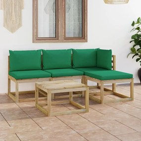 5 pcs conjunto lounge de jardim com almofadões verdes