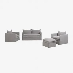 Conjunto De Sala Grace Em Linho E Algodão Com Sofá De 2 Lugares, 2 Poltronas E Pufe Tecido Cinzento Escuro - Sklum