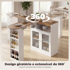 Mesa de Bar Extensível e Rotativa 360° com Prateleiras Abertas e 2 Portas de Vidro 150x80x105,5 cm Branco e Madeira