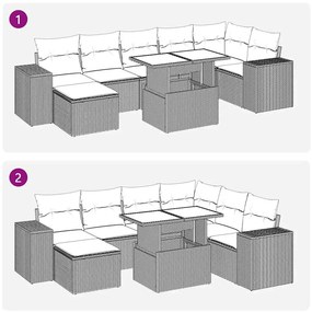 8 pcs conj. sofás jardim c/ almofadões vime PE/acácia castanho