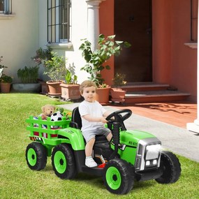 Trator elétrico para crianças 12V com reboque removível e controle remoto com 3 velocidades/luz/música para 3+ anos Carga 30 kg Verde