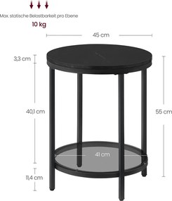 Mesa auxiliar de 2 níveis 45 x 55 cm (Ø x A) com estrutura preta e tampo preto com efeito mármore Preta