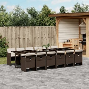 13 pcs conjunto jantar p/ jardim c/ almofadões vime PE castanho