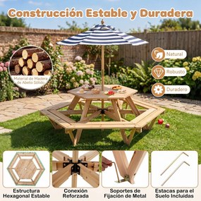 Mesa de Piquenique Infantil Hexagonal com Guarda-Sol, 162 x 141 x 53 cm, 6 Bancos Integrados, Natural
