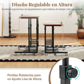 Secretária 80 x 50 x 64,5-89 cm ajustável em altura com tampo inclinável portátil com rodas Castanha