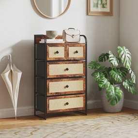 Cómoda de Tecido para Quarto com 5 Gavetas com Frente em Vime e Prateleira 58x29x99 cm Castanho Rústico