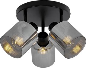 Candeeiro de teto spot preto com vidro fumê redondo 3-luzes ajustável - Laura