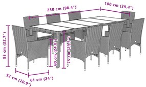 9 pcs conjunto jantar jardim c/ almofadões vime PE/acácia cinza