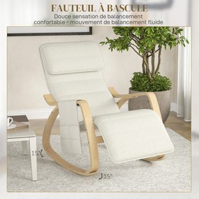 Cadeira relaxante basculante com apoio para os pés ajustável, bolso lateral e apoio para a cabeça, branco creme