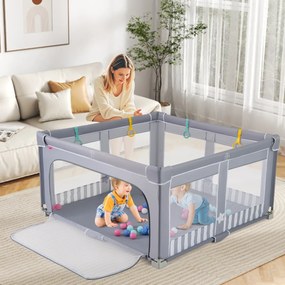 Parque infantil para bebés 127 x 127 x 72,5 cm.  com 50 bolas oceânicas e 4 pegas, com porta com fecho de correr para 0-3 anos. Cinza escuro