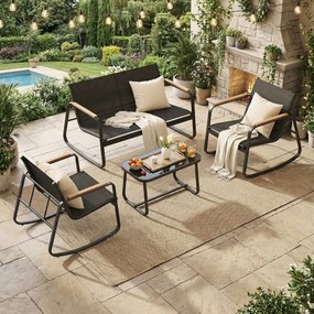 Conjunto de jardim com 2 cadeiras de baloiço com mesa e banco Preto