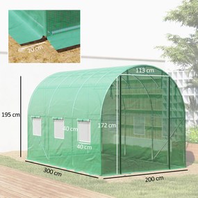 Estufa Túnel de Jardim, 300 x 200 x 195 cm, Cobertura Espessa de 170 g/m², Verde