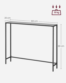Mesa consola 20 x 100 x 80 cm com tampo em vidro para sala de estar moderna, cor preto e cinza-ardósia