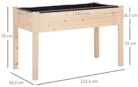 Horta Elevada de Madeira 122,5x56,5x76cm Mesa de Cultivo com Tecido não Tecido e 4 Orifícios de Drenagem para Cultivo de Plantas e Flores Madeira