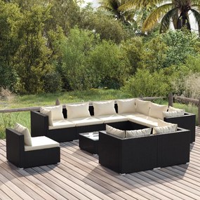 vidaXL 10 pcs conjunto lounge de jardim c/ almofadões vime PE preto