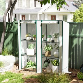 Estufa de jardim com prateleiras metálicas de 3 níveis, estufa de varanda com cobertura em PE e telhado inclinado, 144 x 48 x 152 cm, branca