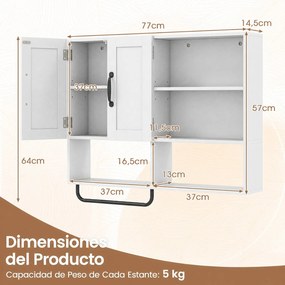 Armário de Parede casa de banho para Arrumação, 77 x 14,5 x 64 cm, Prateleiras Ajustáveis, Branco