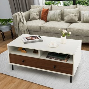 Mesa de centro de madeira com 2 gavetas 2 Estantes Retangular Multifuncional Fácil Montagem Mesa de apoio Branco + castanho